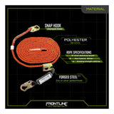 The Frontline Fall Protection Prem. Vertical Lifeline w/Rope Grab & Shock Pack is shown, featuring stamped steel snap hooks, forged connectors, 310 lb max capacity, 6,000 lb breaking strength, high tenacity, and zinc/silver plating.