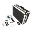 A black hard-shell case with metal edges sits open beside various tools and accessories like hoses, a gauge, a handle, connectors, and attachments. This tidy ensemble features the BW Honeywell GasAlert MicroClip Deluxe Confined Space Kit MC-CK-DL by BW Technologies, neatly arranged on a white background.