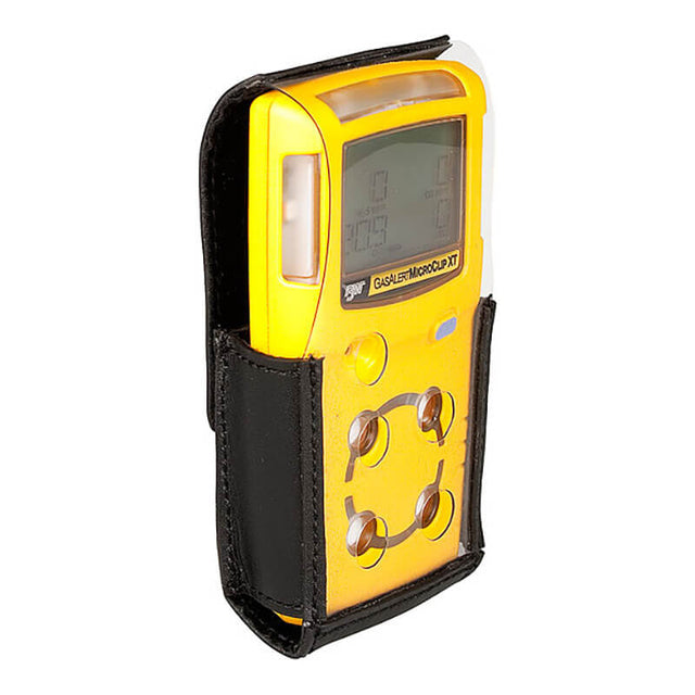The BW Honeywell Black Leather PVC Carrying Case MC2-LC-1 by BW Technologies provides a durable, protective cover for the GasAlert MicroClip, featuring a digital display and sensor openings on the front for precise portable gas monitoring.