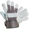 A pair of MCR Safety Memphis 1400 Leather Palm Work Gloves, crafted with gray cowhide leather palms and striped fabric on the back. These Gunn Cut style gloves feature safety cuffs and reinforced stitching, ideal for heavy-duty tasks.