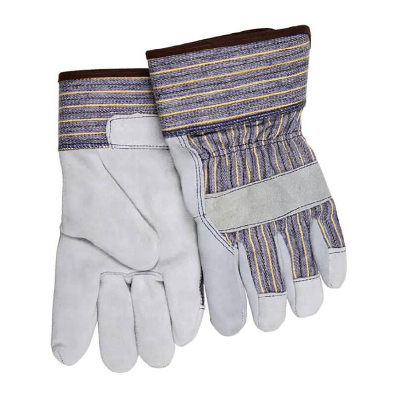 Introducing the MCR Safety MCR 1400K Leather Palm & Kevlar Lined Gloves, available in a set of 12 pairs. These gloves feature gray leather palms with blue and yellow striped fabric. They come equipped with safety cuffs reinforced for extra protection, and a DuPont Kevlar liner enhances their durability.