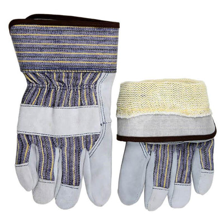 Two MCR 1400K Leather Palm & Kevlar Lined Gloves from MCR Safety are displayed. One glove is fully upright, showcasing the palm side with blue striped fabric, while the other is folded. Both gloves feature a yellow safety cuff and leather-like material on the fingers, along with a durable DuPont Kevlar liner for added protection.