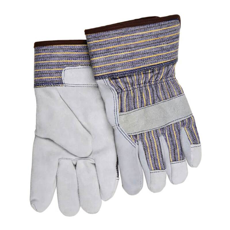 The MCR 1400K Leather Palm & Kevlar Lined Gloves from MCR Safety feature gray leather palms and blue-striped fabric cuffs, complete with reinforced patches to enhance durability. These gloves are designed for heavy-duty tasks, offering comfort and safety with a DuPont Kevlar liner that provides additional protection for all your demanding jobs.