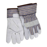 The MCR Safety 1400K Leather Palm & Kevlar Lined Gloves, featuring durable gray leather palms and striped fabric safety cuffs, are designed to provide protection and comfort for construction or gardening tasks. Displayed side by side on a white background, these gloves offer resilience and reliability.