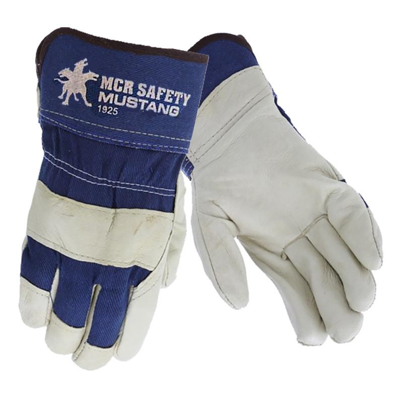 A pair of MCR Memphis Snort'n Boar Pigskin Leather Palm Gloves, made with premium grain pigskin, features white leather palms and blue fabric backs. One glove displays the text "MCR Safety Mustang 1925" next to a horse and rider logo, ensuring durability even in wet conditions.