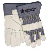 These premium MCR Safety Mustang Grain Leather Palm Gloves 1935, adorned with the Mustang logo, are meticulously crafted from abrasion-resistant grain cowhide leather. The white leather design is complemented by denim-like cuffs featuring blue and yellow stripes along with a rubberized safety cuff.