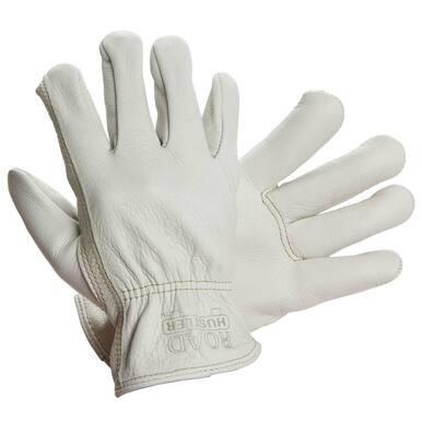 A pair of MCR Safety Memphis Grain Leather Drivers Road Hustler Gloves 3200 is displayed against a plain background. One glove is laid flat, palm up, while the other showcases the back and features a keystone thumb design, with "ROAD HUSLER" embossed on the cuff.