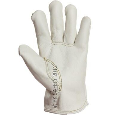 The MCR Safety Memphis Grain Leather Drivers Road Hustler Glove 3200 is shown in white grain leather with the palm up, highlighting its keystone thumb and stitching. "PK SAFETY 2012" is printed along the side.