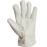 The MCR Safety Memphis Grain Leather Drivers Road Hustler Glove 3200 is shown in white grain leather with the palm up, highlighting its keystone thumb and stitching. "PK SAFETY 2012" is printed along the side.