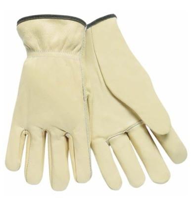 Introducing the MCR Safety Memphis Select Grade Leather Driver Glove 3201. This set of driver gloves features a cream color and is crafted from premium grain leather, complete with stitched seams that reveal both the front and back sides. The gloves have a slightly loose fit around the wrists, providing comfort without compromising on safety. Made from soft, flexible material, they are ideal for ensuring protection during various tasks.