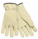 Introducing the MCR Safety Memphis Select Grade Leather Driver Glove 3201. This set of driver gloves features a cream color and is crafted from premium grain leather, complete with stitched seams that reveal both the front and back sides. The gloves have a slightly loose fit around the wrists, providing comfort without compromising on safety. Made from soft, flexible material, they are ideal for ensuring protection during various tasks.