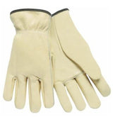 A pair of MCR Safety's Memphis Select Grade Leather Driver Gloves 3201, featuring a light beige color with a smooth texture and dark lining at the cuffs, are placed side by side. The premium grain leather gloves are positioned to showcase both the front and back views.