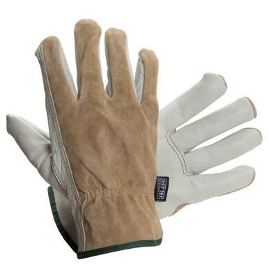 A pair of MCR Memphis Split Back Drivers Glove 3205, crafted with a beige suede-like material on the outer side and light gray split grain leather on the palm and fingers, rest against each other. These gloves from MCR Safety feature a Keystone thumb design and are accented with green trim at the cuffs.