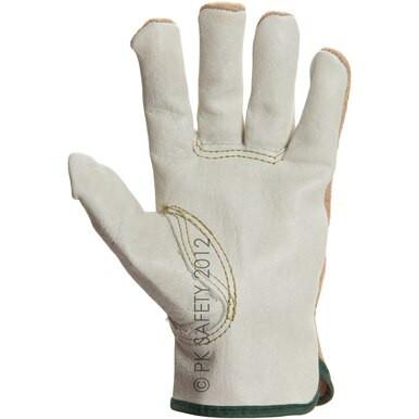 Displayed upright, the MCR Memphis Split Back Drivers Glove 3205 features a white design crafted from split grain leather with reinforced stitching and a green hem at the wrist. The glove's keystone thumb provides enhanced flexibility. A "© PK SAFETY 2012" watermark is visible along the thumb. This product is available in sets of 12 pairs and is part of the MCR Safety brand lineup.