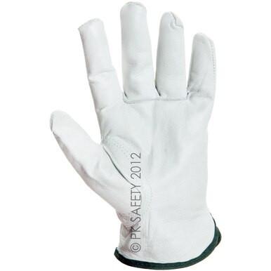 The MCR Memphis Keystone Drivers Glove 3211, made of white leather with visible stitching, stands upright. Designed for safety and protection, it is perfect for industrial or construction environments. The words "PK Safety 2012" are subtly printed on the glove.