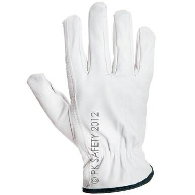 A white MCR Memphis Keystone Drivers Glove 3211, featuring visible stitching and black piping at the wrist, is branded with "PK SAFETY 2012" along the side. The glove is presented palm forward, highlighting its quality craftsmanship.