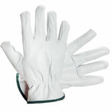 A pair of MCR Safety's Memphis Keystone Drivers Glove 3211, made from white leather and featuring green trim around the cuffs, is displayed with one glove lying flat and the other slightly raised to reveal the palm and fingers in detail.