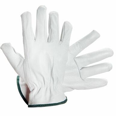 The MCR Safety Memphis Keystone Drivers Glove 3211, featuring white leather with green trim and a comfortable Keystone Thumb design, are neatly stacked with fingers slightly spread apart.