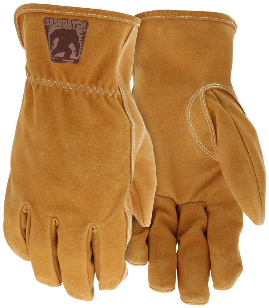 A pair of MCR Safety's MCR Predator Sasquatch Premium Grade Split Leather Driver 3430 gloves showcases visible stitching and a Sasquatch logo patch on the cuff of the left glove, which is positioned upright. The right glove is laid flat with the palm facing up, displaying its reinforced areas and keystone thumb design for improved durability.