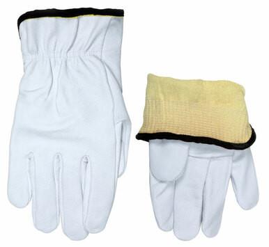 Two MCR Safety driver gloves are displayed, one showing the palm side up and the other with the back side up, revealing a yellow textured interior. Both gloves are highlighted by black trim around the cuffs. Crafted from premium grain goatskin, these MCR Premium Grain Goatskin Driver Gloves 3601K balance style and durability effortlessly.