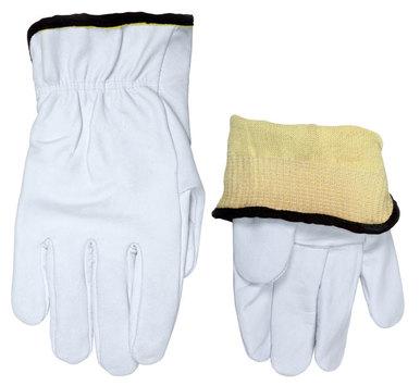 Introducing the MCR Premium Grain Goatskin Driver Gloves 3601K by MCR Safety, these work gloves feature gathered wrists and a unique design with one glove turned inside out to reveal a striking yellow interior with black edging. Expertly insulated for warmth and durability, they are perfect for demanding tasks. Set against a plain white backdrop, these gloves epitomize quality and style.