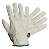 A pair of MCR Memphis Goatskin Drivers Gloves 3611, crafted from premium top grain kid leather with beige color, elastic wrists, and green trim, is showcased. Designed by MCR Safety for superior abrasion resistance, these gloves combine durability and style for the modern worker.