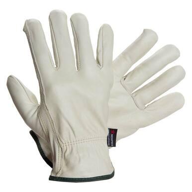 A pair of MCR Memphis Goatskin Drivers Gloves 3611, crafted from premium top grain kid leather with beige color, elastic wrists, and green trim, is showcased. Designed by MCR Safety for superior abrasion resistance, these gloves combine durability and style for the modern worker.