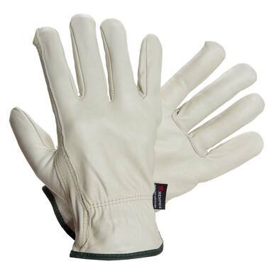 A pair of MCR Safety Memphis Goatskin Drivers Gloves in light beige, made from top grain kid leather, features green trim around the wrist. One glove is displayed palm-side up and the other down, showcasing their excellent abrasion resistance. A black tag with red detailing is attached near the wrist.