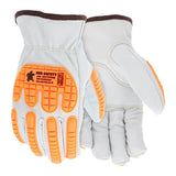 The MCR CutPro Leather Driver Cut Resistant Work Gloves 36136KDP, available in a pack of 12 pairs, feature a blend of goatskin leather with brown cuffs and orange padding on the fingers and knuckles. Designed for superior protection and grip, these gloves are adorned with the MCR Safety brand logo on the back.