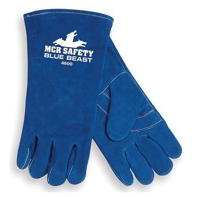 A pair of blue protective work gloves, perfect for safety needs, with "MCR Safety" printed in white. These MCR Safety 4600 Blue Beast Welding Gloves include reinforced stitching and are crafted from durable materials to ensure reliability in tough environments.