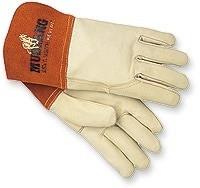 MCR Safety presents the MCR Memphis Grain MIG/TIG Welder Glove 4950, a pair of beige cowhide leather welder's gloves with distinctive orange cuffs, adorned with a logo featuring text and a small flame design. Crafted for heavy-duty tasks, these gloves provide excellent protection and durability, reinforced with Kevlar thread to deliver enhanced performance.