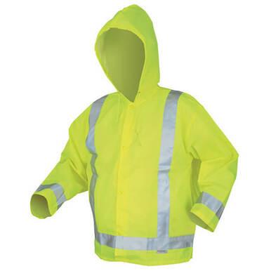 The MCR Safety Luminator PU Class 3 Reflective Hooded Jacket 500RJH is a bright yellow jacket featuring silver reflective stripes on the arms and torso, ideal for ensuring high visibility in low-light conditions.