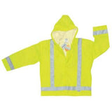 The MCR Safety Luminator PU Class 3 Reflective Hooded Jacket 500RJH is a fluorescent yellow jacket designed for high visibility, offering ANSI/ISEA 107-2015 Class 3 compliance. It features silver reflective stripes on the arms, chest, and waist to enhance safety in low-light conditions.