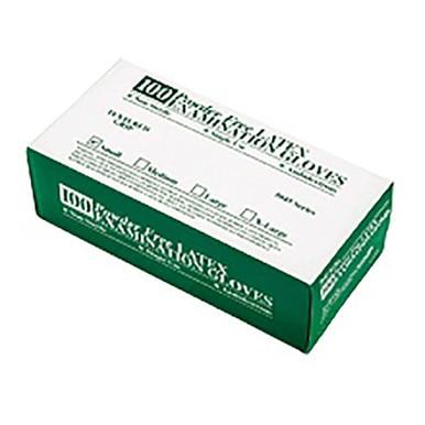 A rectangular box of MCR Safety Powder Free Latex Gloves 5045, featuring a green design with a white top that displays "Powder Free, Medical-Grade Vinyl Gloves," contains 100 disposable safety gloves and offers size options in small, medium, large, and extra-large.