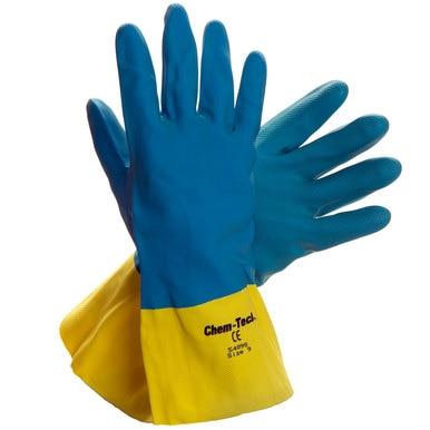 A pair of MCR Safety Memphis Neoprene/Latex 5409S gloves in blue and yellow is displayed against a white background, featuring a "CE" label and size "9 1/2" printed on the yellow cuff.