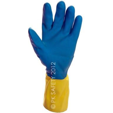 A blue and yellow neoprene/latex glove is displayed palm up, featuring "PK SAFETY 2012" on the wrist, resembling the MCR Safety Memphis Neoprene/Latex Glove 5409S.