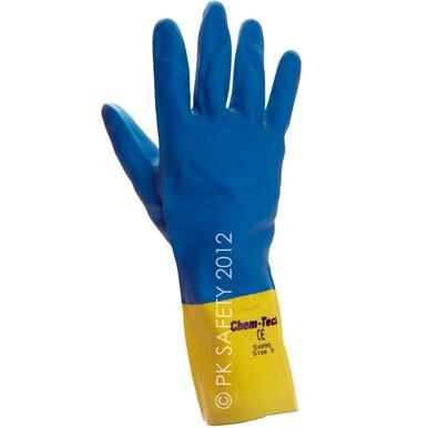 The MCR Safety Memphis Neoprene/Latex Glove 5409S (12 pairs) is designed with blue and yellow colors and features printing on the wrist area. These chemical-resistant gloves are FDA compliant and are shown standing upright against a clean white background.