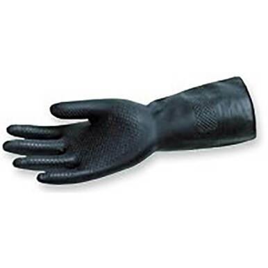 The MCR Safety Memphis 5435 Neoprene Glove (available in a pack of 12 pairs) features a black neoprene construction with textured fingers and palm, designed for extended wrist coverage. These sturdy gloves are ideal for industrial or cleaning purposes, providing excellent chemical protection and ensuring a secure grip.