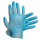 A pair of bright blue MCR Memphis Nitrishield Powder Free Disposable Gloves 6015 from MCR Safety, latex-free and chemical-resistant, with one glove facing palm up and the other palm down against a white background.