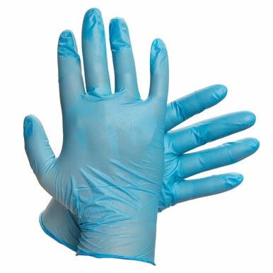 A pair of bright blue MCR Memphis Nitrishield Powder Free Disposable Gloves 6015 from MCR Safety, latex-free and chemical-resistant, with one glove facing palm up and the other palm down against a white background.