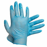 A pair of MCR Safety Nitrishield Powder Free Disposable Gloves 6015, in blue and latex-free, chemical resistant, are displayed with one glove slightly overlapping the other against a plain white background. The gloves exhibit slight wrinkles and are arranged as if recently removed from hands.