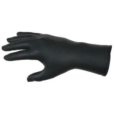 The MCR Safety NitriShield Stealth Extra Gloves 6062, featuring an extended cuff, are displayed against a plain white background with the palm facing downward and fingers extended. Their textured grip improves handling capabilities, and they provide superior puncture resistance for enhanced durability.