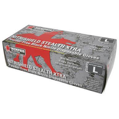 A box of MCR Safety NitriShield Stealth Extra Gloves 6062, size large. The gray packaging with red accents emphasizes their textured grip and puncture resistance. Clearly labeled as non-medical and single-use, each box includes 100 powder-free black nitrile gloves.