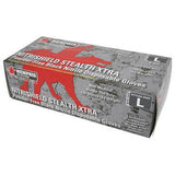 A box of MCR Safety NitriShield Stealth Extra Gloves 6062, size large. The gray packaging with red accents emphasizes their textured grip and puncture resistance. Clearly labeled as non-medical and single-use, each box includes 100 powder-free black nitrile gloves.