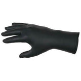 The MCR Safety NitriShield Stealth Extra Gloves 6062 are displayed, with the palm facing down and fingers extended. These black nitrile gloves offer a smooth yet subtly textured grip, making them ideal for professional or industrial use with enhanced puncture resistance.