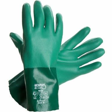 These MCR Safety Neomax Neoprene Gloves 6912, available in sets of 12 pairs, are green, heavy-duty gloves featuring safety symbols and "Memphis" on the cuff. Designed with a textured surface for grip, they are perfect for chemical or industrial use. Additionally, they are machine washable for easy maintenance.