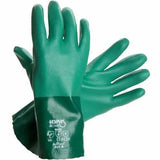 Introducing the MCR Safety Neomax Neoprene Glove 6912: a pair of green industrial safety gloves crafted from neoprene. These gloves include safety markings on the cuffs and offer machine washability. Additionally, they feature a textured, non-slip surface designed for strong protection against chemicals and abrasion, available in a pack of 12 pairs.