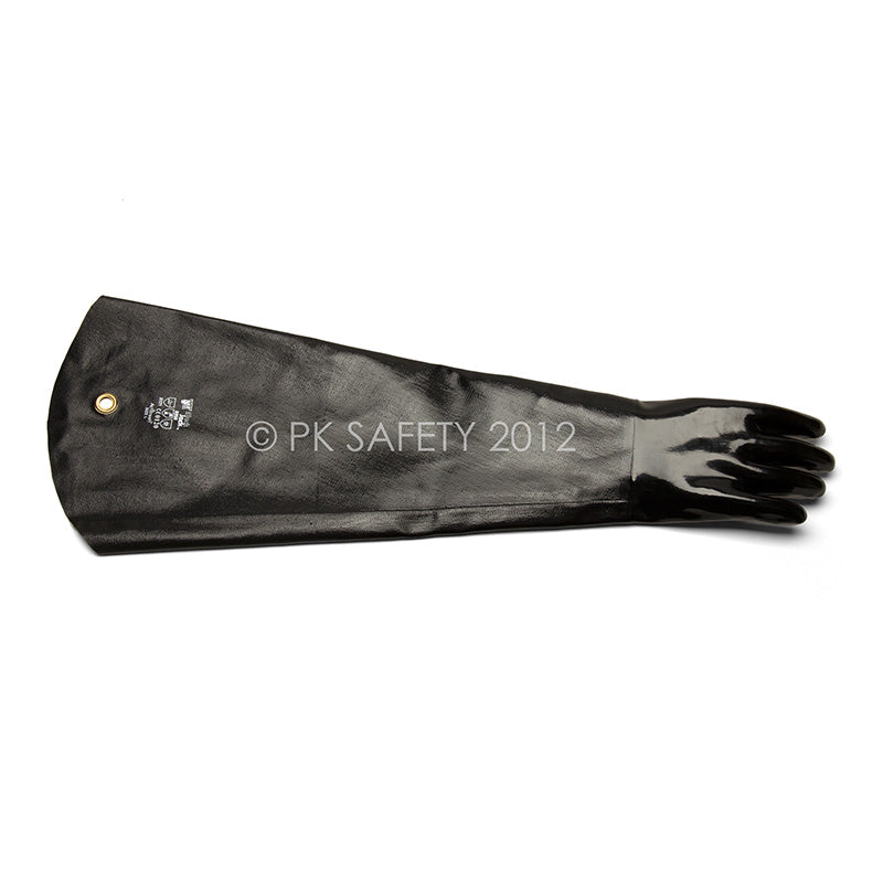 A long, black glove made of neoprene with a smooth finish, extending beyond the wrist for added protection. It's displayed horizontally on a white background with the text "PK SAFETY 2012" printed on it. This is the MCR Safety Memphis Black Jack Shoulder Length Glove 6950.