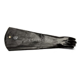 A long, black glove made of neoprene with a smooth finish, extending beyond the wrist for added protection. It's displayed horizontally on a white background with the text "PK SAFETY 2012" printed on it. This is the MCR Safety Memphis Black Jack Shoulder Length Glove 6950.