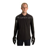 A man wearing a long-sleeve black shirt stands against a white background. He is wearing shoulder-length MCR Safety Memphis Black Jack Shoulder Length Gloves 6950 that cover his arms entirely.